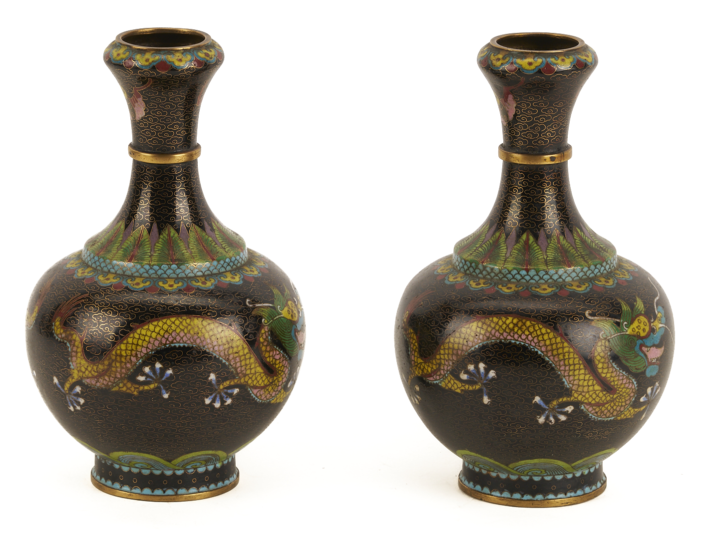 Lot 691: 2 Chinese Cloisonne “Magic Fungi” Vases plus Pair of Jars and 4 Chinese Cloisonne Vases: Garlic Head and Double Gourd form