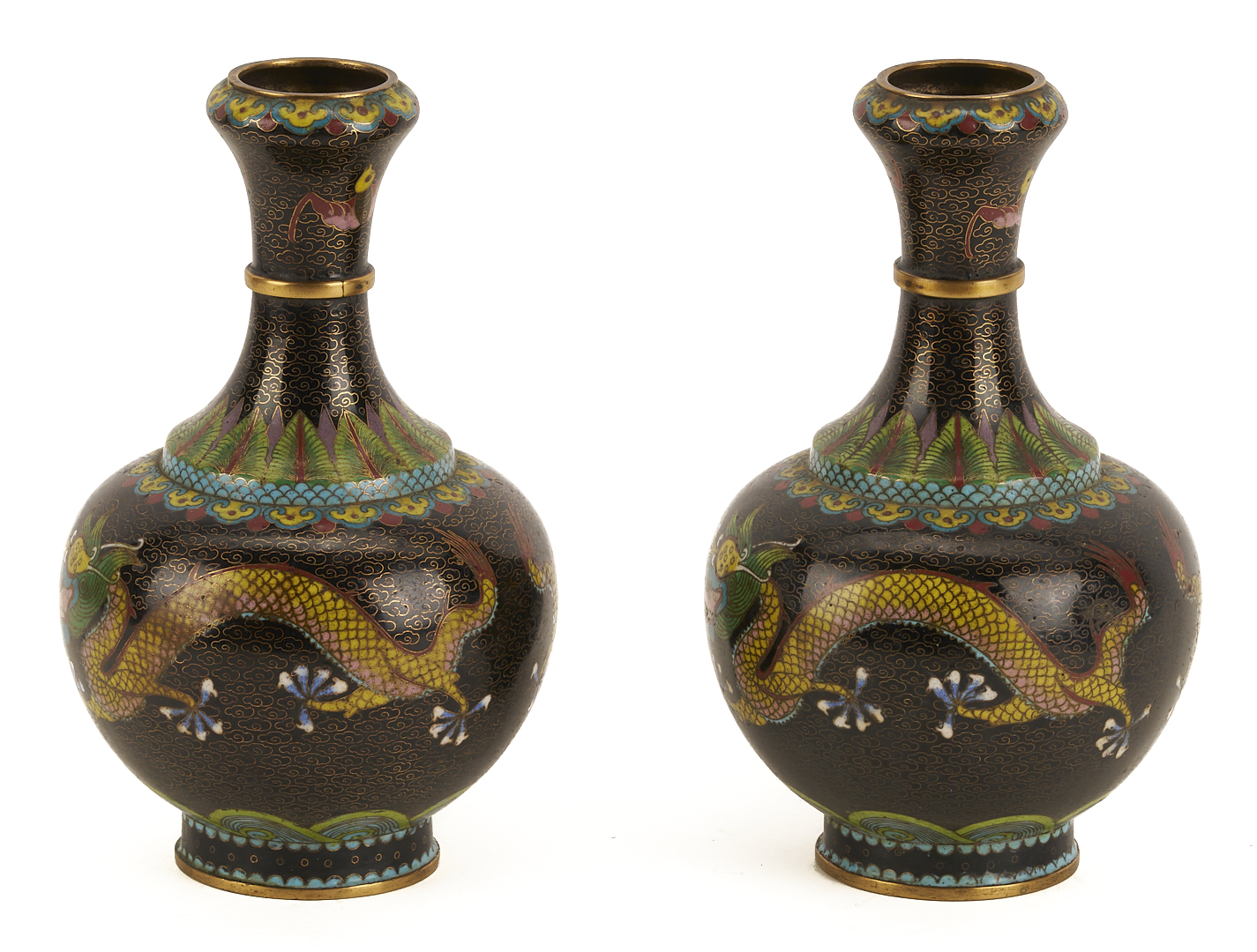Lot 691: 2 Chinese Cloisonne “Magic Fungi” Vases plus Pair of Jars and 4 Chinese Cloisonne Vases: Garlic Head and Double Gourd form