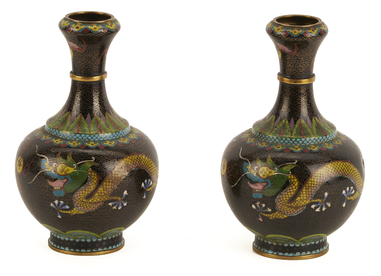 Lot 691: 2 Chinese Cloisonne “Magic Fungi” Vases plus Pair of Jars and 4 Chinese Cloisonne Vases: Garlic Head and Double Gourd form