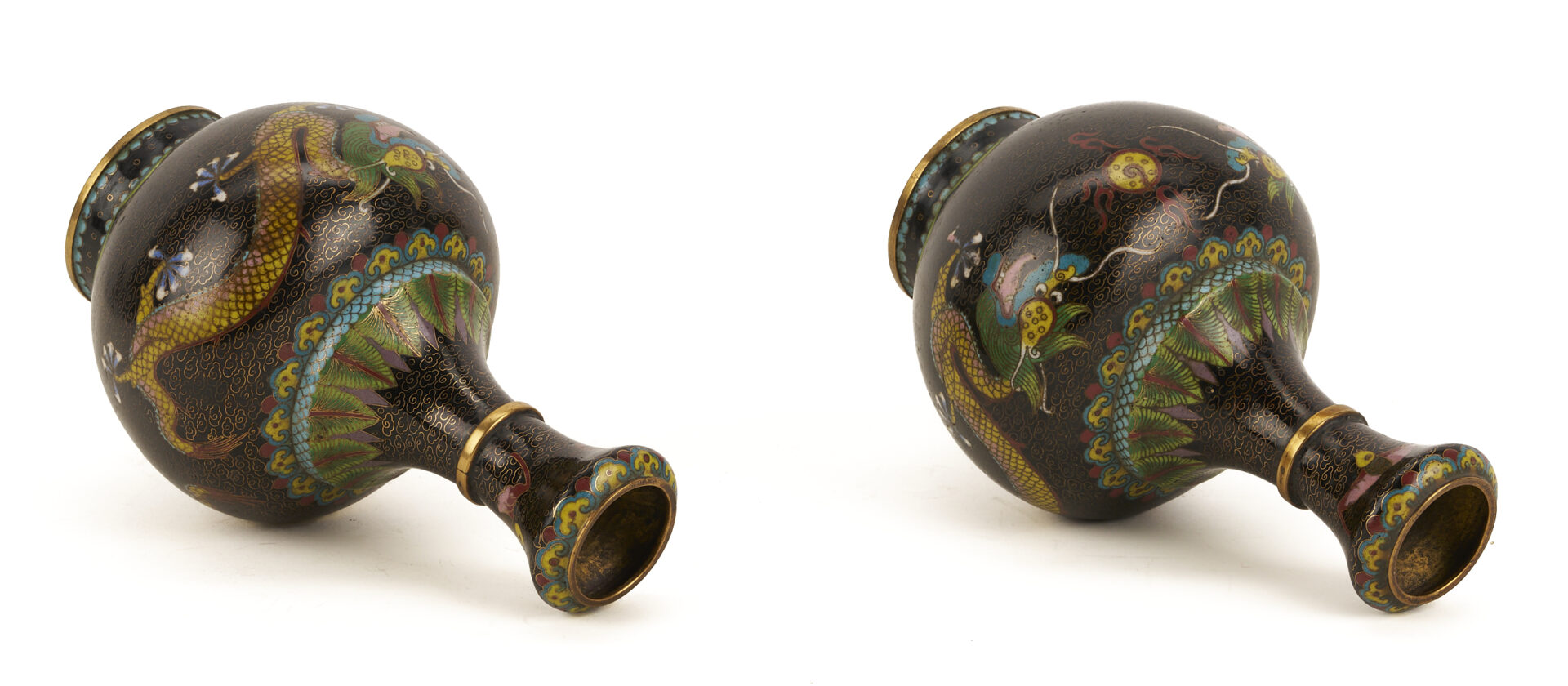 Lot 691: 2 Chinese Cloisonne “Magic Fungi” Vases plus Pair of Jars and 4 Chinese Cloisonne Vases: Garlic Head and Double Gourd form