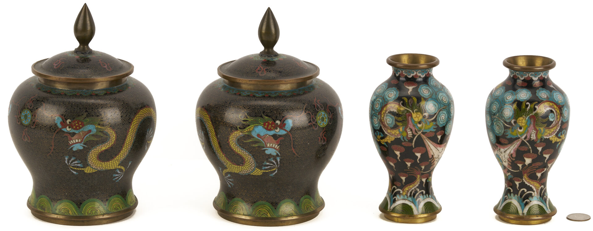 Lot 691: 2 Chinese Cloisonne “Magic Fungi” Vases plus Pair of Jars and 4 Chinese Cloisonne Vases: Garlic Head and Double Gourd form