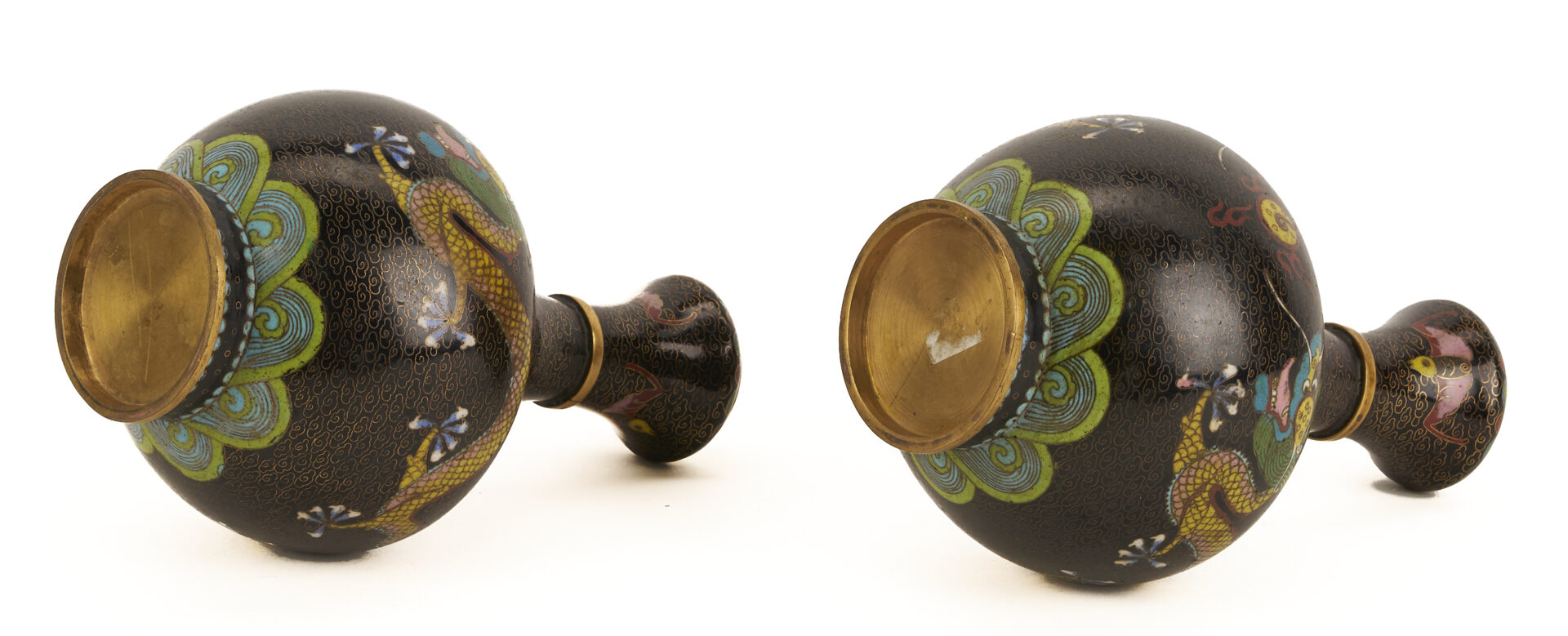 Lot 691: 2 Chinese Cloisonne “Magic Fungi” Vases plus Pair of Jars and 4 Chinese Cloisonne Vases: Garlic Head and Double Gourd form