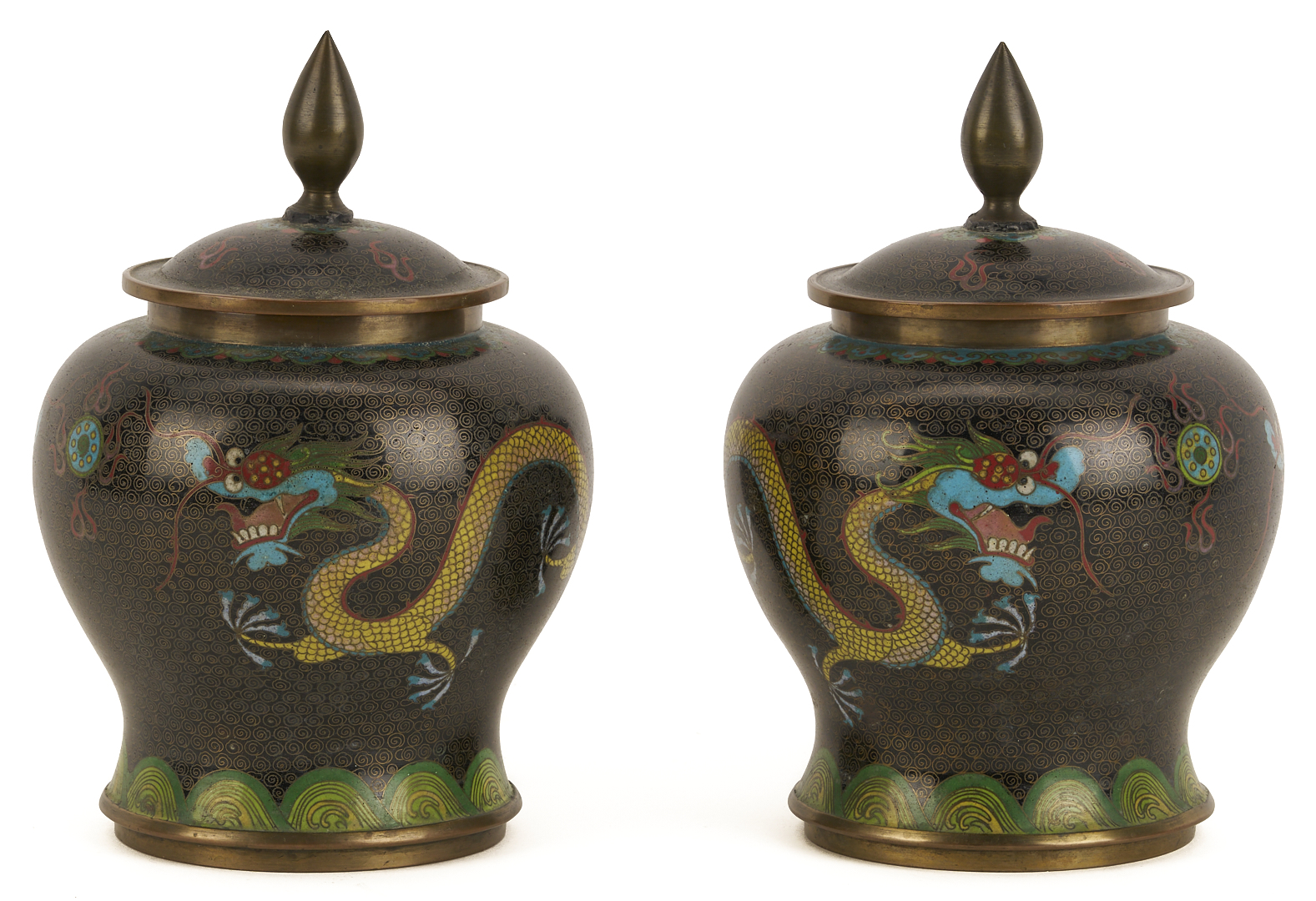Lot 691: 2 Chinese Cloisonne “Magic Fungi” Vases plus Pair of Jars and 4 Chinese Cloisonne Vases: Garlic Head and Double Gourd form