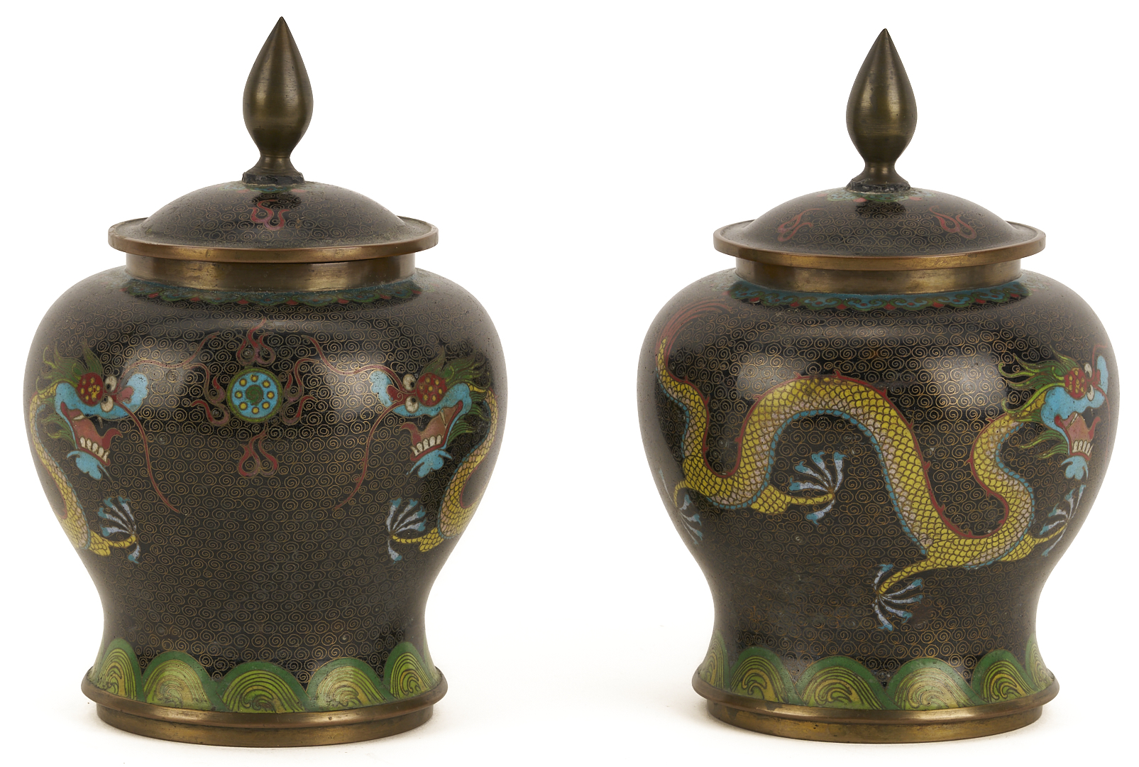 Lot 691: 2 Chinese Cloisonne “Magic Fungi” Vases plus Pair of Jars and 4 Chinese Cloisonne Vases: Garlic Head and Double Gourd form