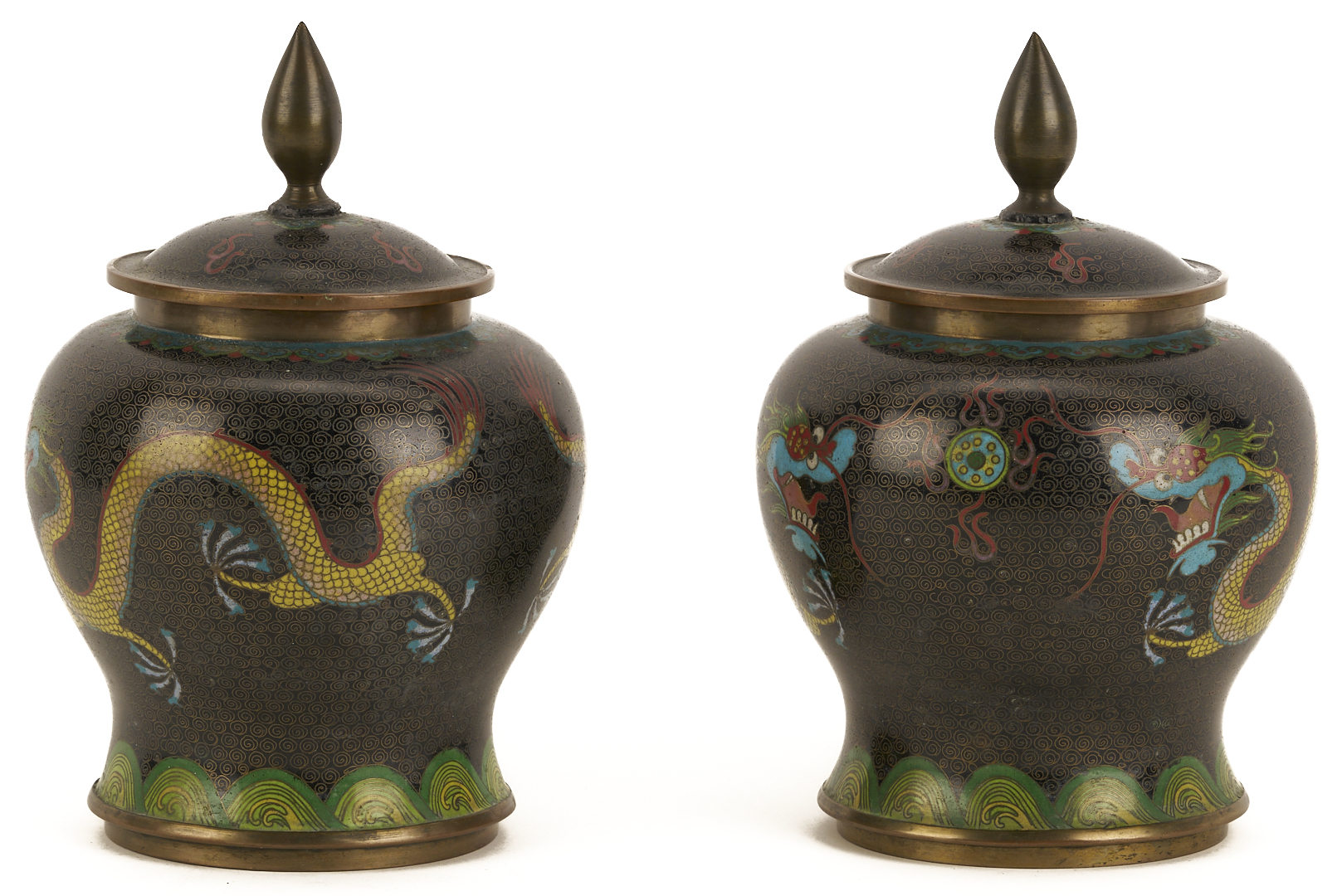 Lot 691: 2 Chinese Cloisonne “Magic Fungi” Vases plus Pair of Jars and 4 Chinese Cloisonne Vases: Garlic Head and Double Gourd form