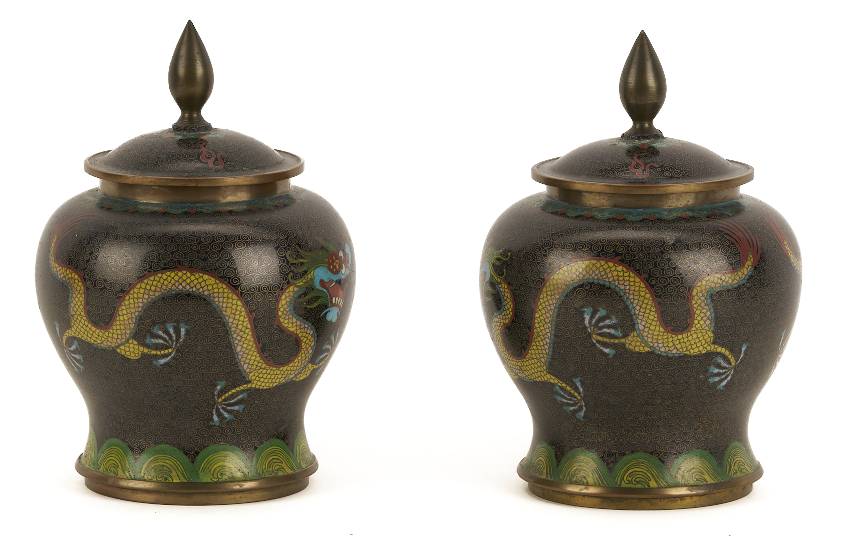 Lot 691: 2 Chinese Cloisonne “Magic Fungi” Vases plus Pair of Jars and 4 Chinese Cloisonne Vases: Garlic Head and Double Gourd form
