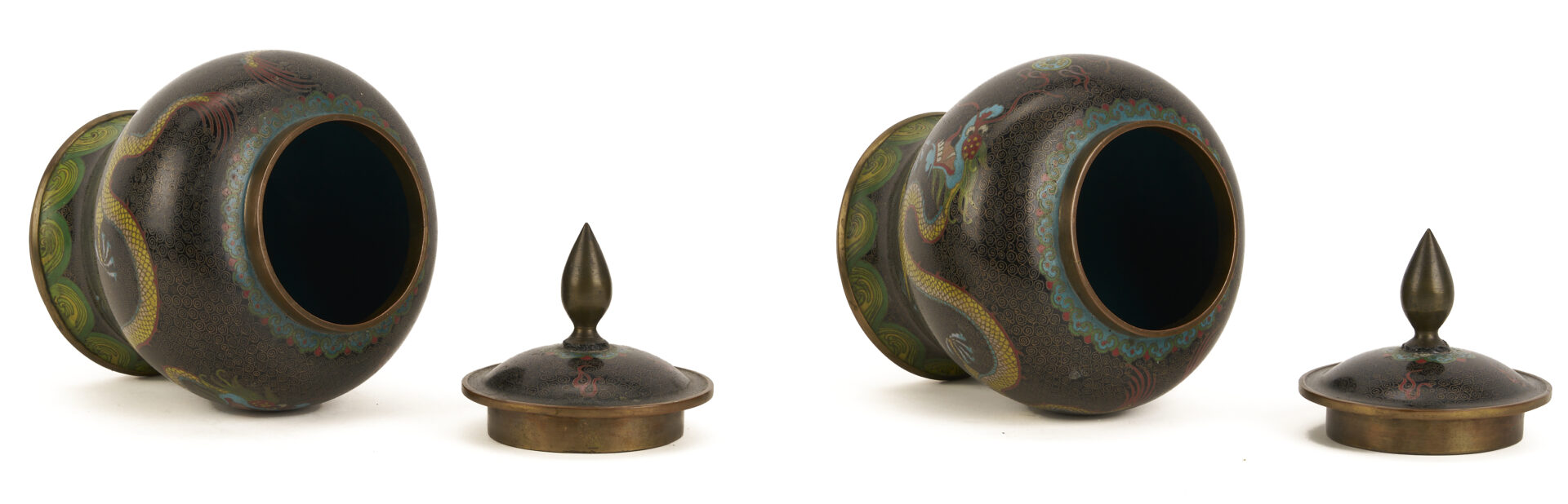 Lot 691: 2 Chinese Cloisonne “Magic Fungi” Vases plus Pair of Jars and 4 Chinese Cloisonne Vases: Garlic Head and Double Gourd form