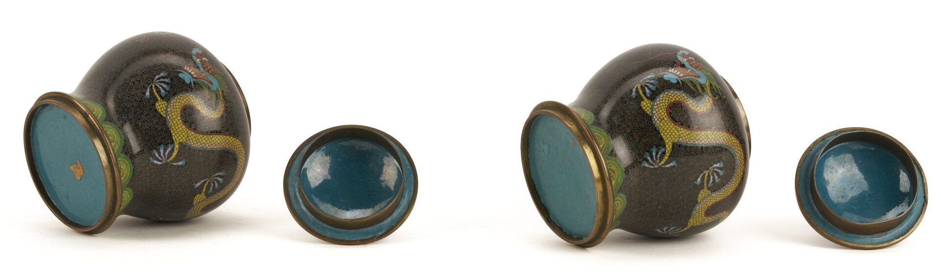 Lot 691: 2 Chinese Cloisonne “Magic Fungi” Vases plus Pair of Jars and 4 Chinese Cloisonne Vases: Garlic Head and Double Gourd form