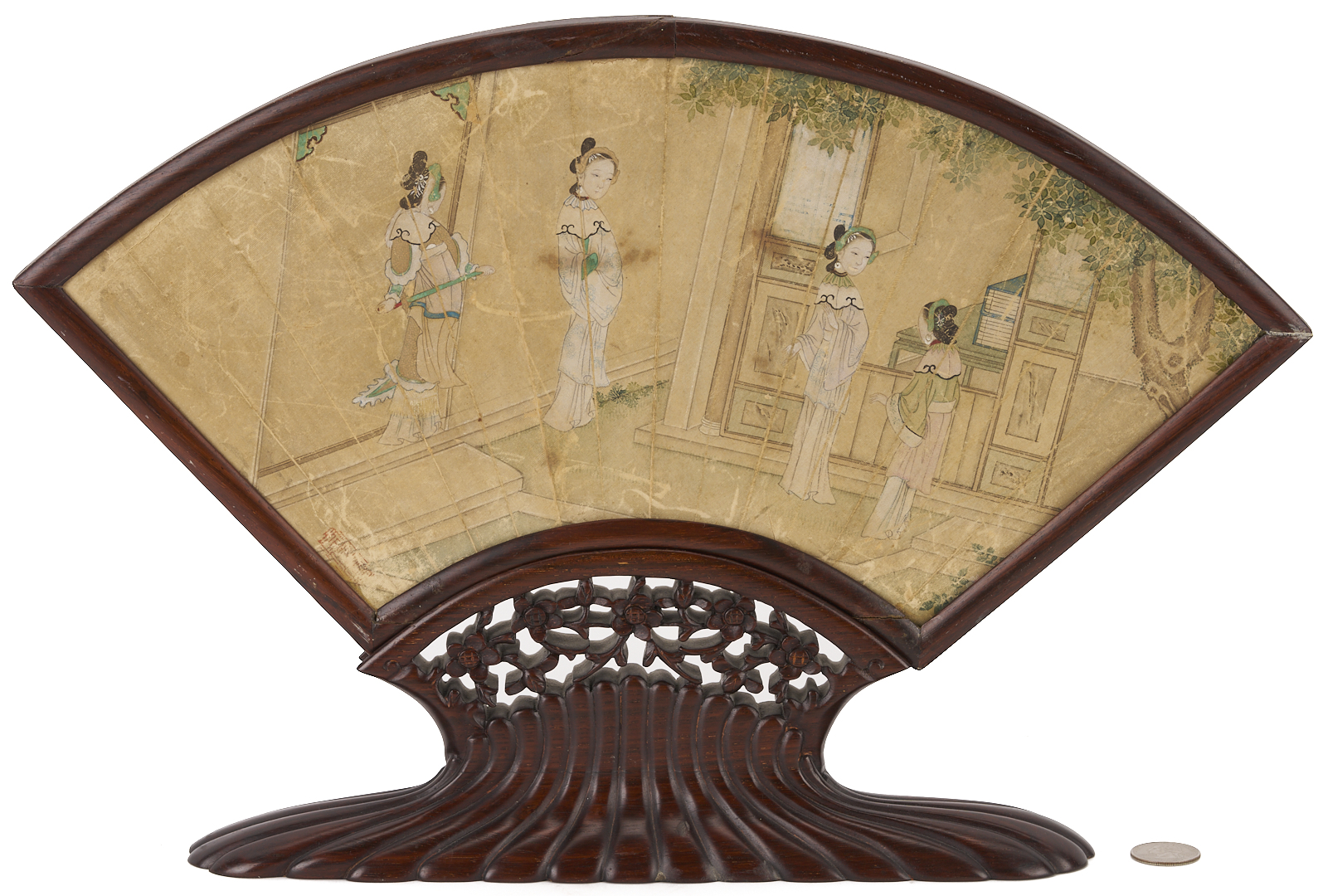 Lot 696: Chinese Qing Period Fan in Hardwood Stand, Courtesans in a Courtyard