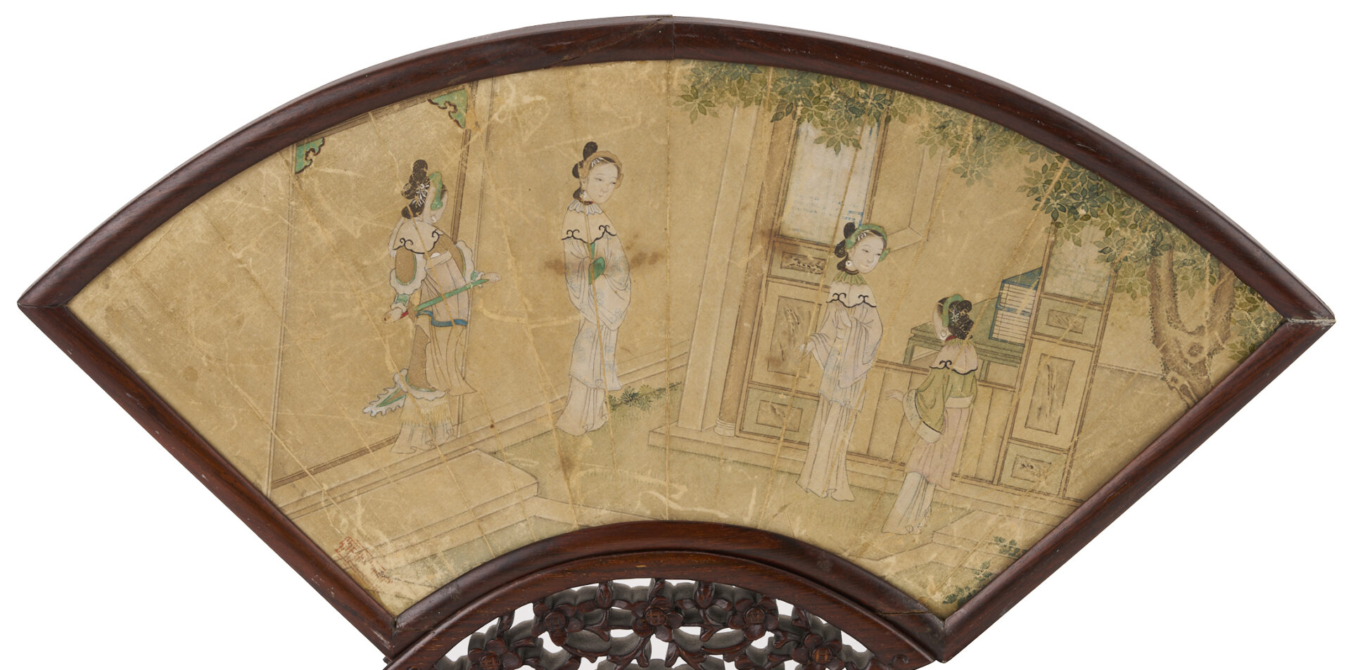 Lot 696: Chinese Qing Period Fan in Hardwood Stand, Courtesans in a Courtyard