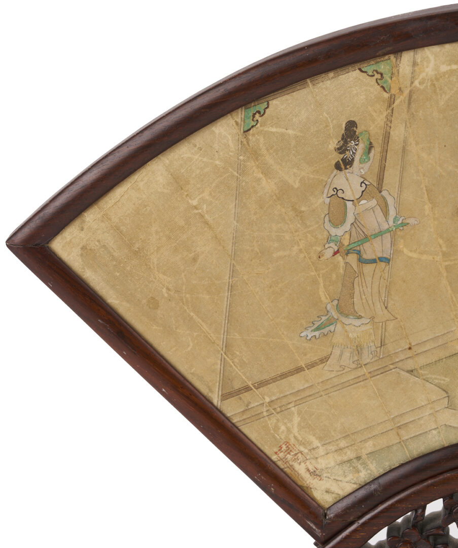 Lot 696: Chinese Qing Period Fan in Hardwood Stand, Courtesans in a Courtyard