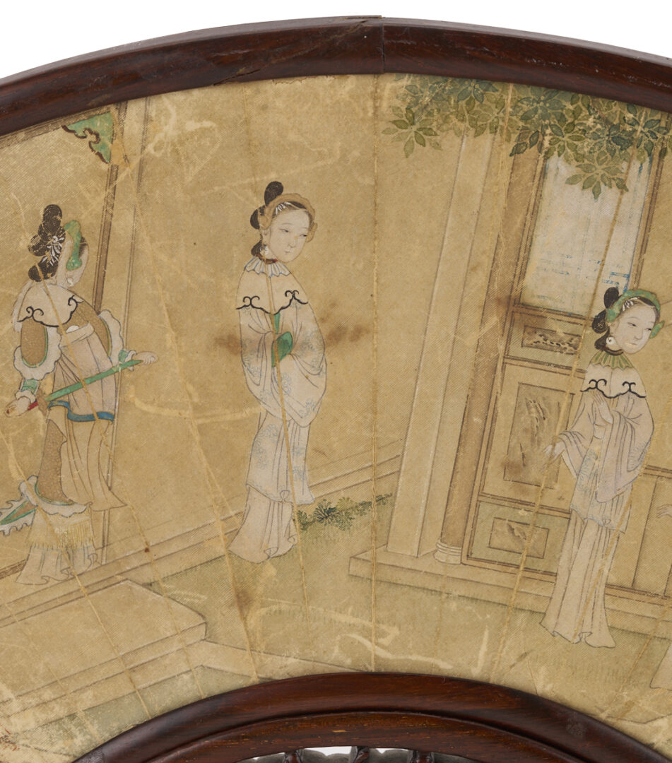 Lot 696: Chinese Qing Period Fan in Hardwood Stand, Courtesans in a Courtyard
