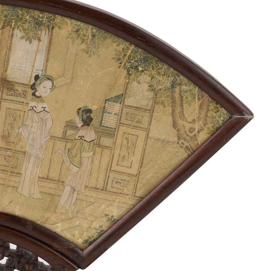 Lot 696: Chinese Qing Period Fan in Hardwood Stand, Courtesans in a Courtyard