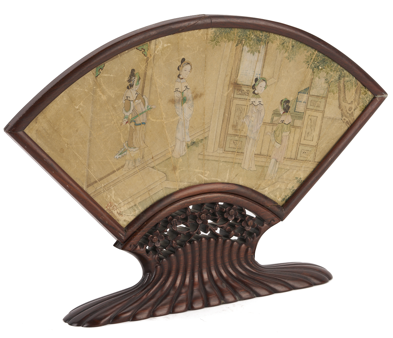 Lot 696: Chinese Qing Period Fan in Hardwood Stand, Courtesans in a Courtyard