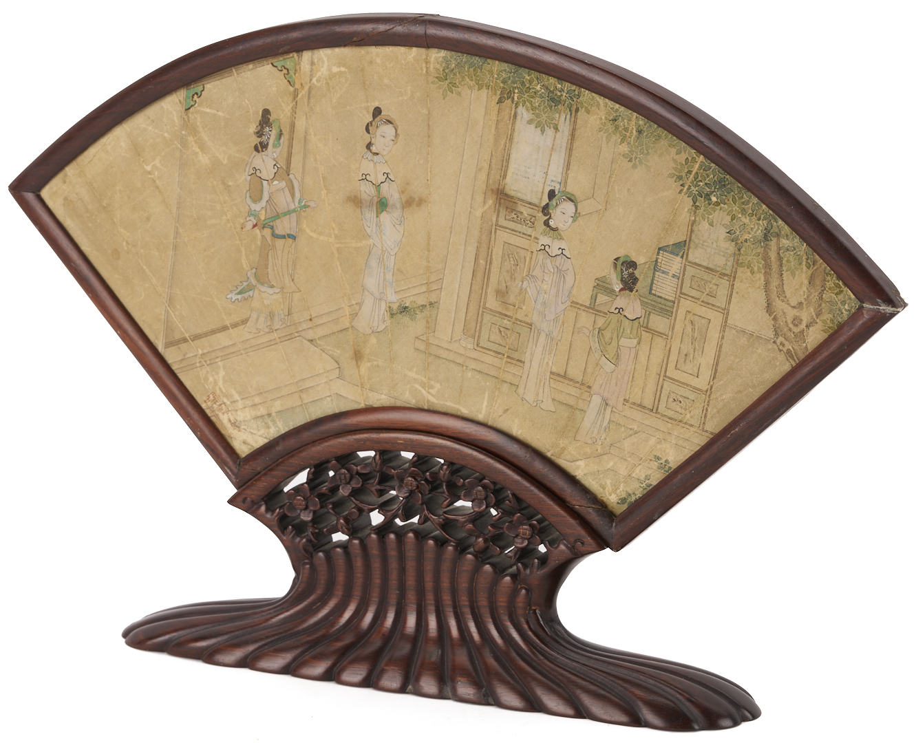 Lot 696: Chinese Qing Period Fan in Hardwood Stand, Courtesans in a Courtyard