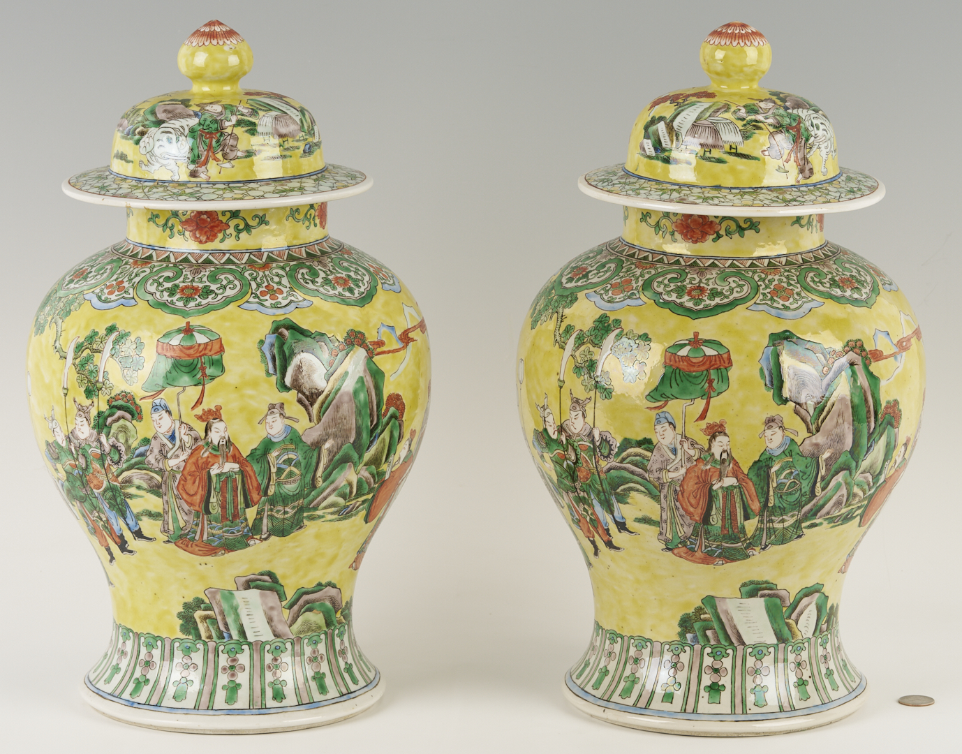Lot 698: Pair Chinese Famille Rose Yellow Ground Ginger Jars