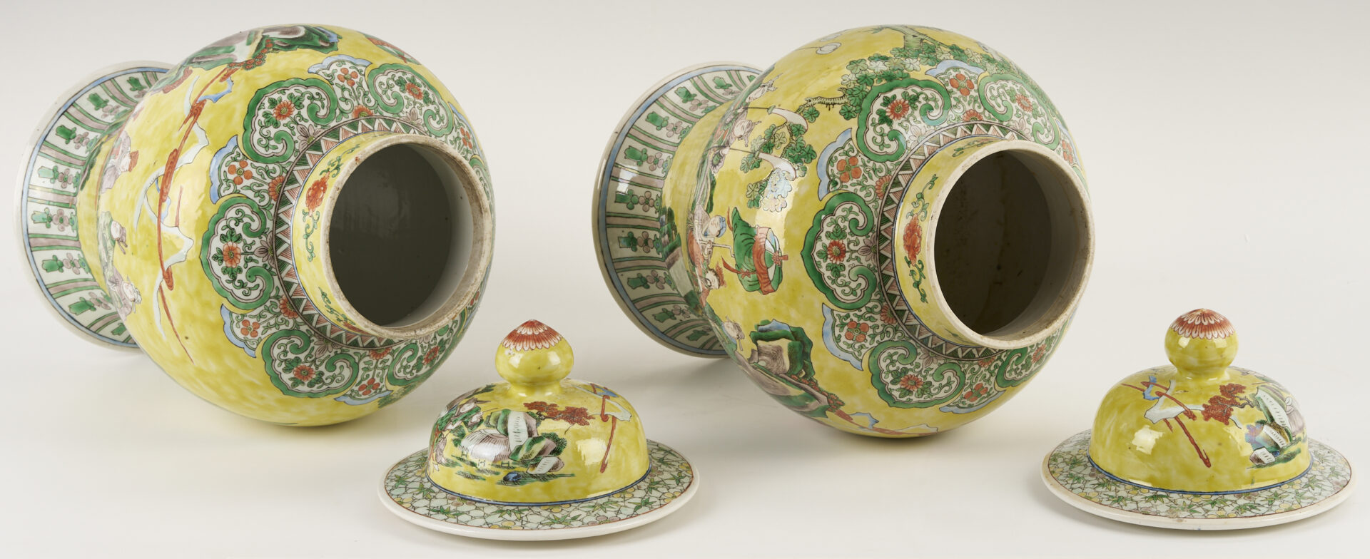 Lot 698: Pair Chinese Famille Rose Yellow Ground Ginger Jars