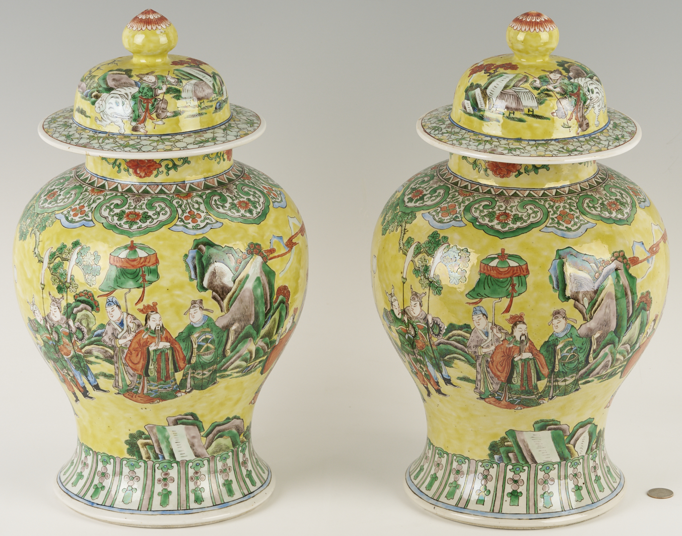 Lot 698: Pair Chinese Famille Rose Yellow Ground Ginger Jars