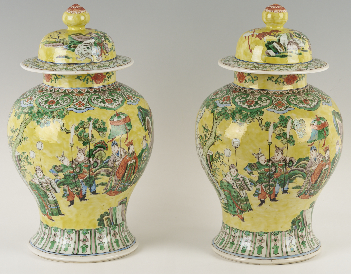 Lot 698: Pair Chinese Famille Rose Yellow Ground Ginger Jars