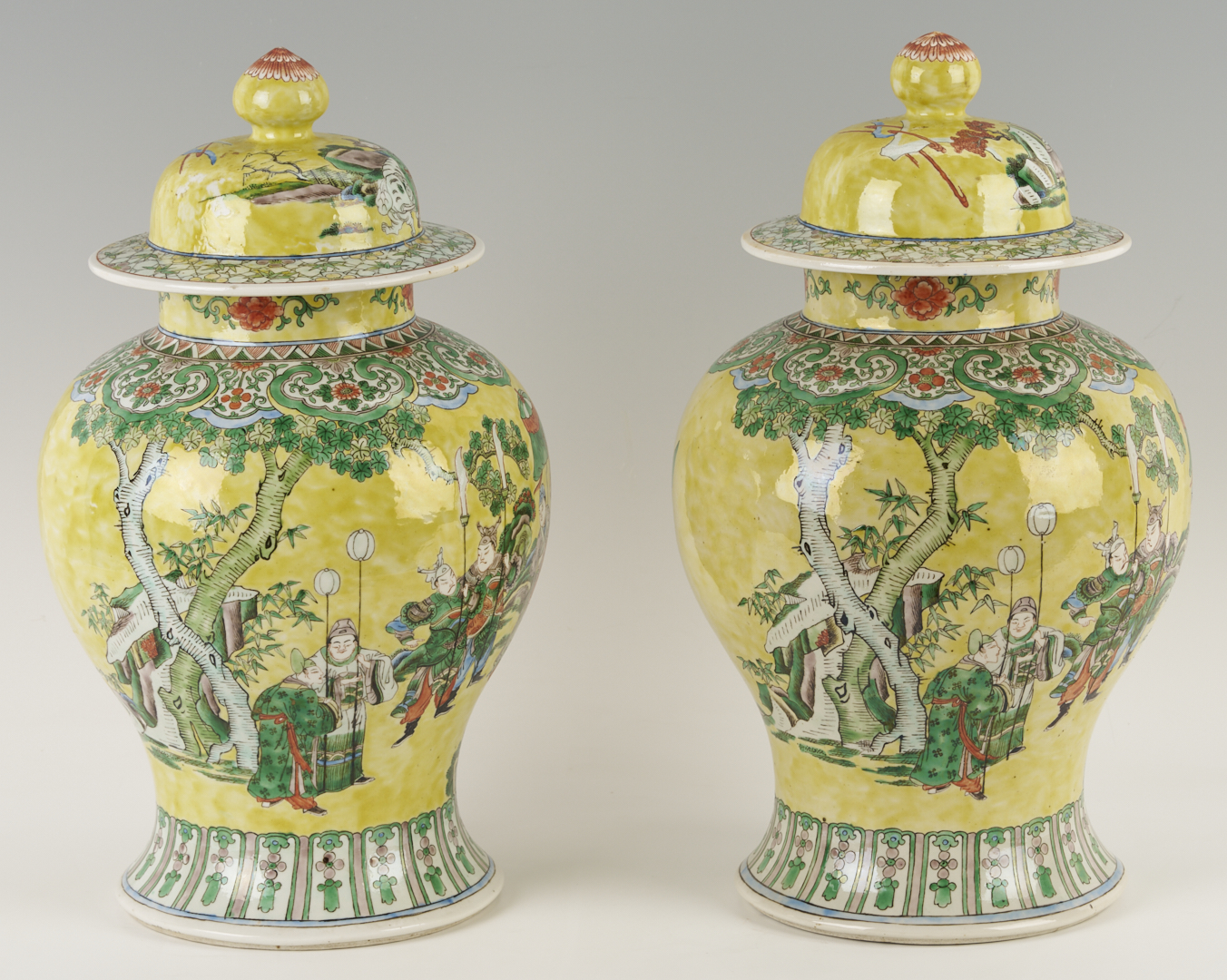 Lot 698: Pair Chinese Famille Rose Yellow Ground Ginger Jars