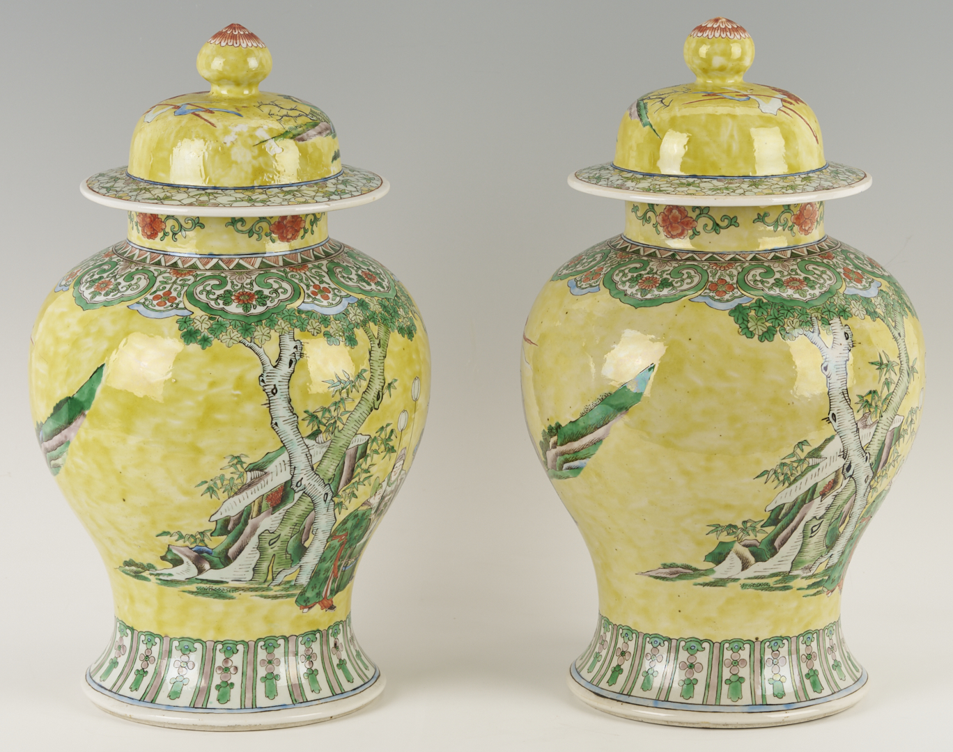 Lot 698: Pair Chinese Famille Rose Yellow Ground Ginger Jars