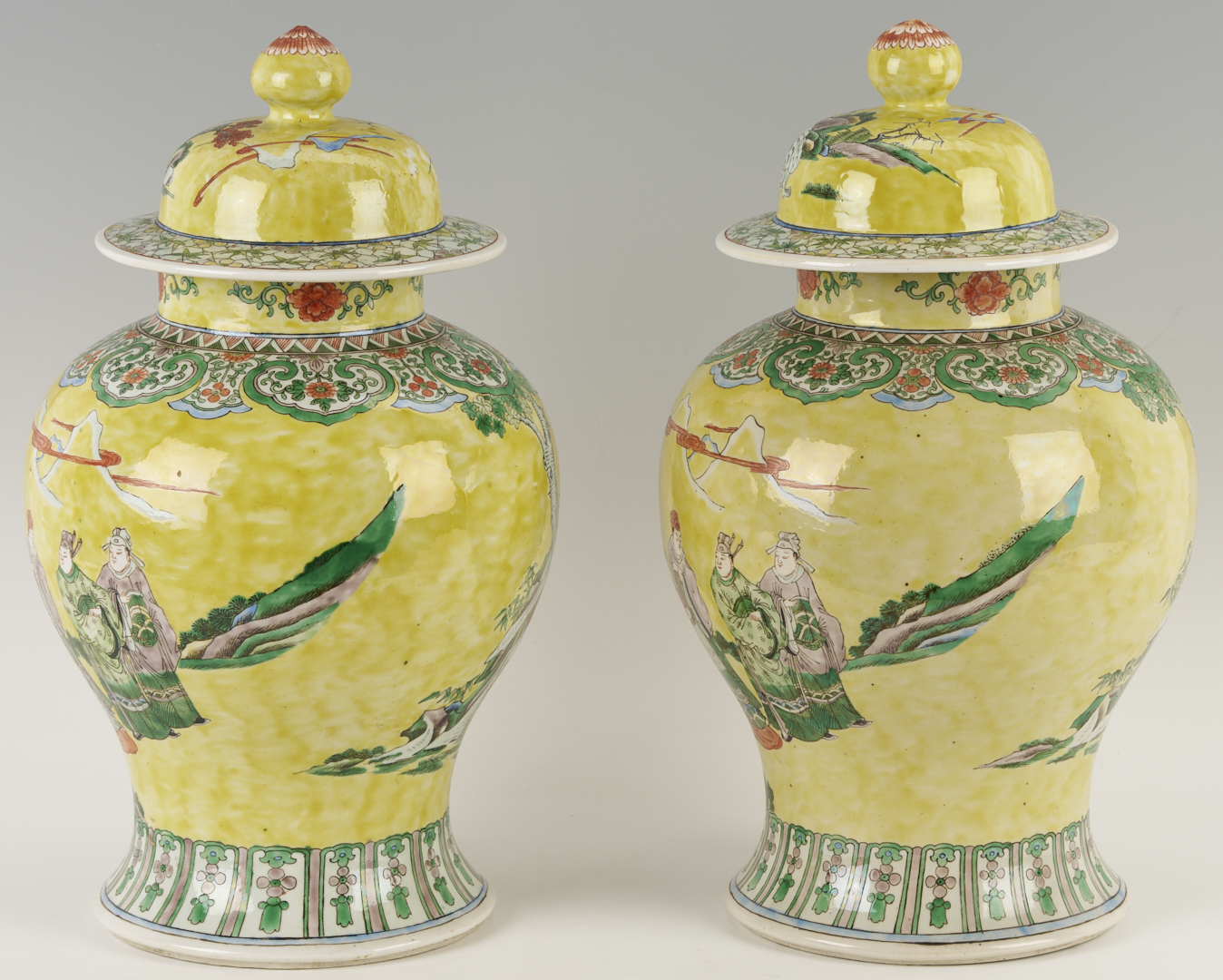 Lot 698: Pair Chinese Famille Rose Yellow Ground Ginger Jars
