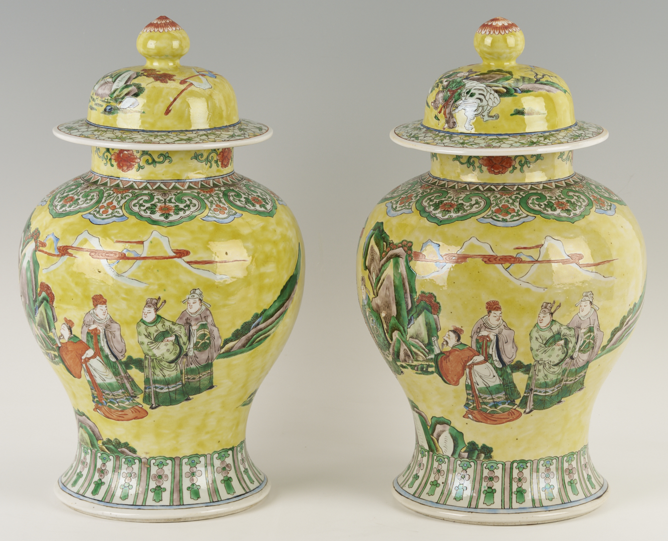 Lot 698: Pair Chinese Famille Rose Yellow Ground Ginger Jars