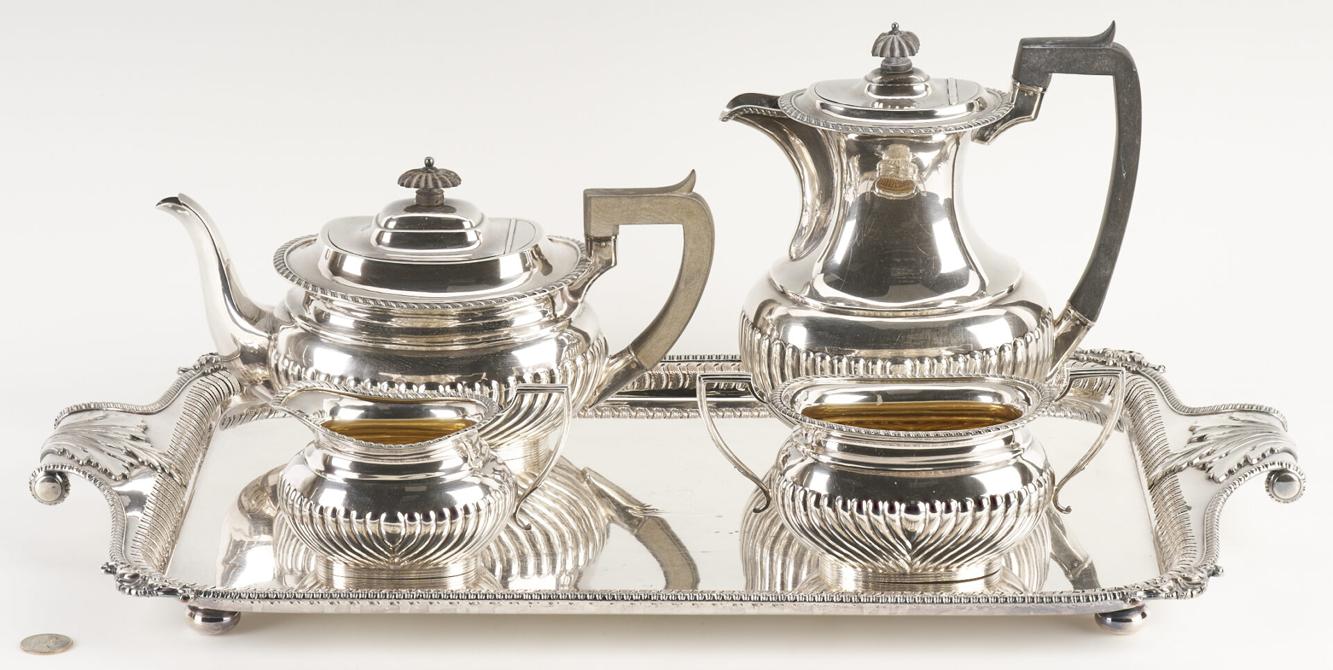 Lot 69: Antique English Sterling Silver 4 pc Tea set with s/p Tray