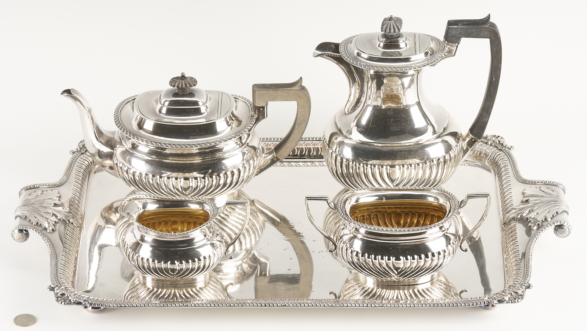 Lot 69: Antique English Sterling Silver 4 pc Tea set with s/p Tray