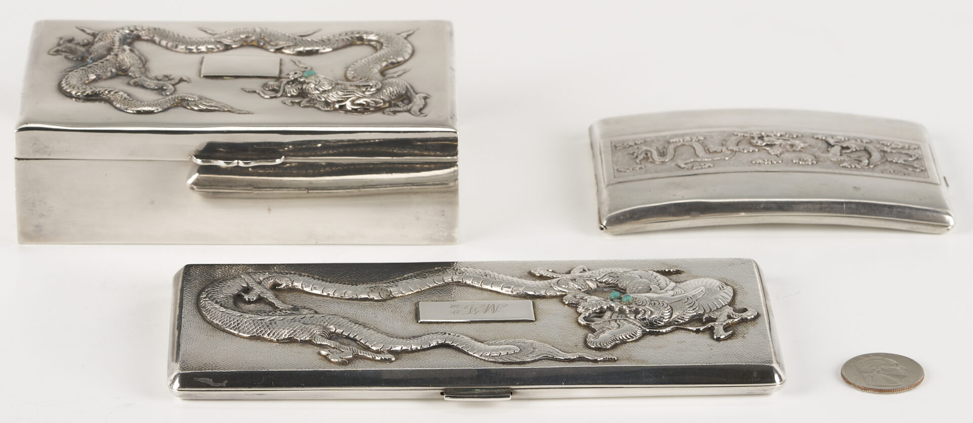 Lot 6: 3 Chinese Export Silver Dragon Boxes