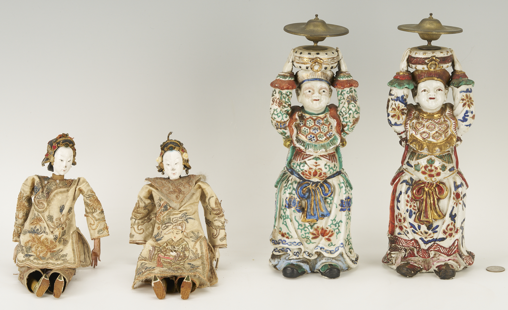 Lot 703: 2 Chinese Opera Dolls plus 2 Porcelain Figural Candlesticks