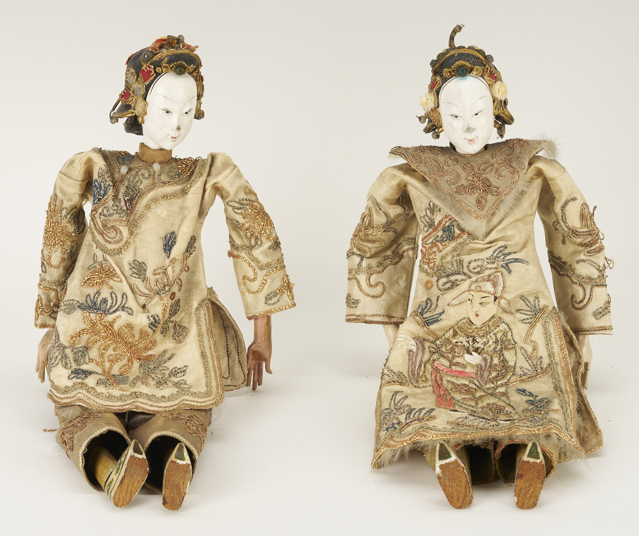 Lot 703: 2 Chinese Opera Dolls plus 2 Porcelain Figural Candlesticks