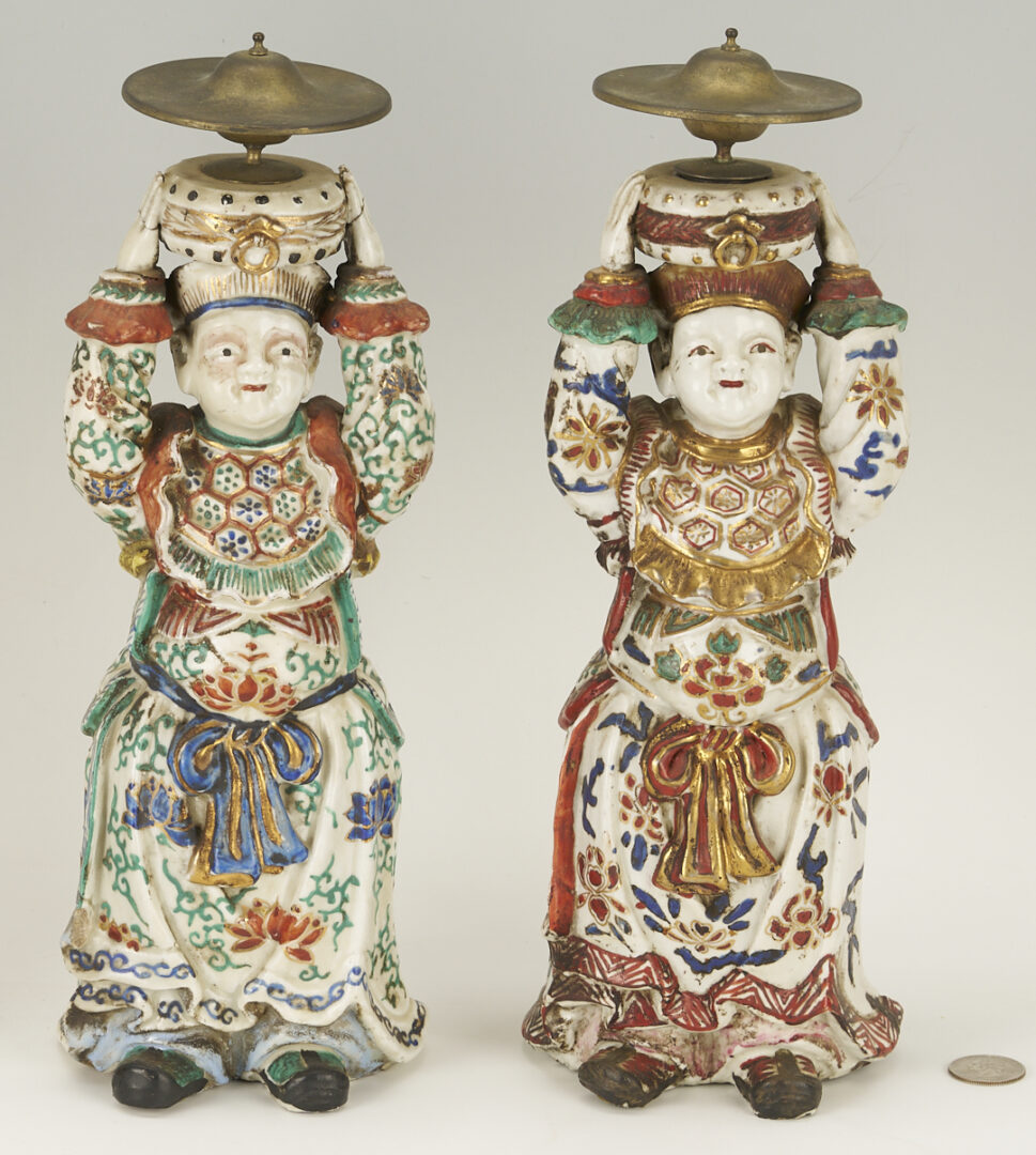 Lot 703: 2 Chinese Opera Dolls plus 2 Porcelain Figural Candlesticks