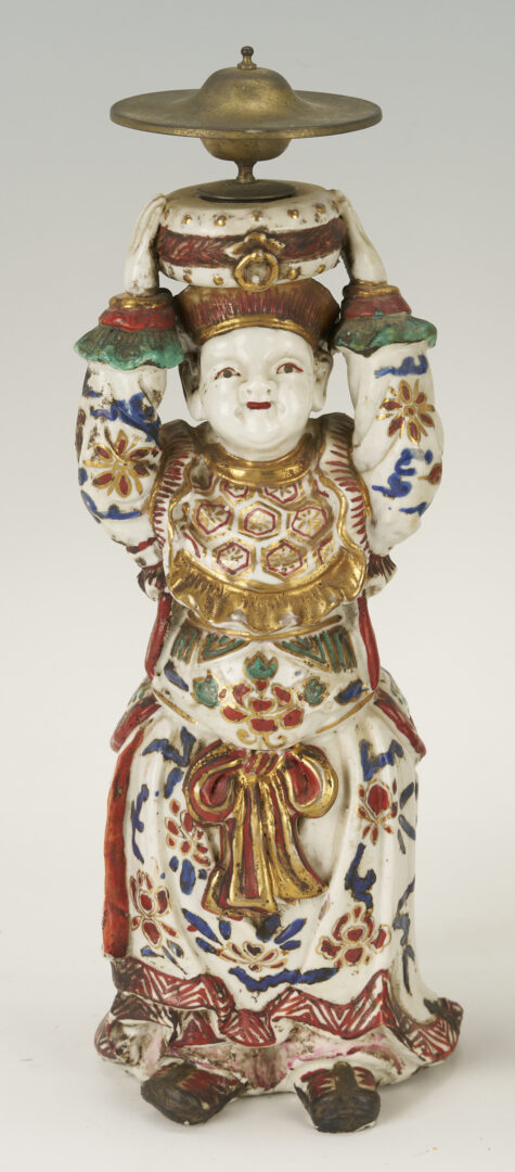 Lot 703: 2 Chinese Opera Dolls plus 2 Porcelain Figural Candlesticks