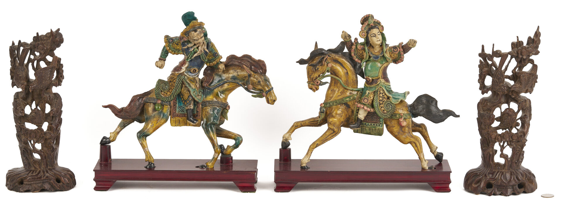 Lot 704: Pr. Chinese Roof Tile Figures & Pr. Chinese Wood Sculptures