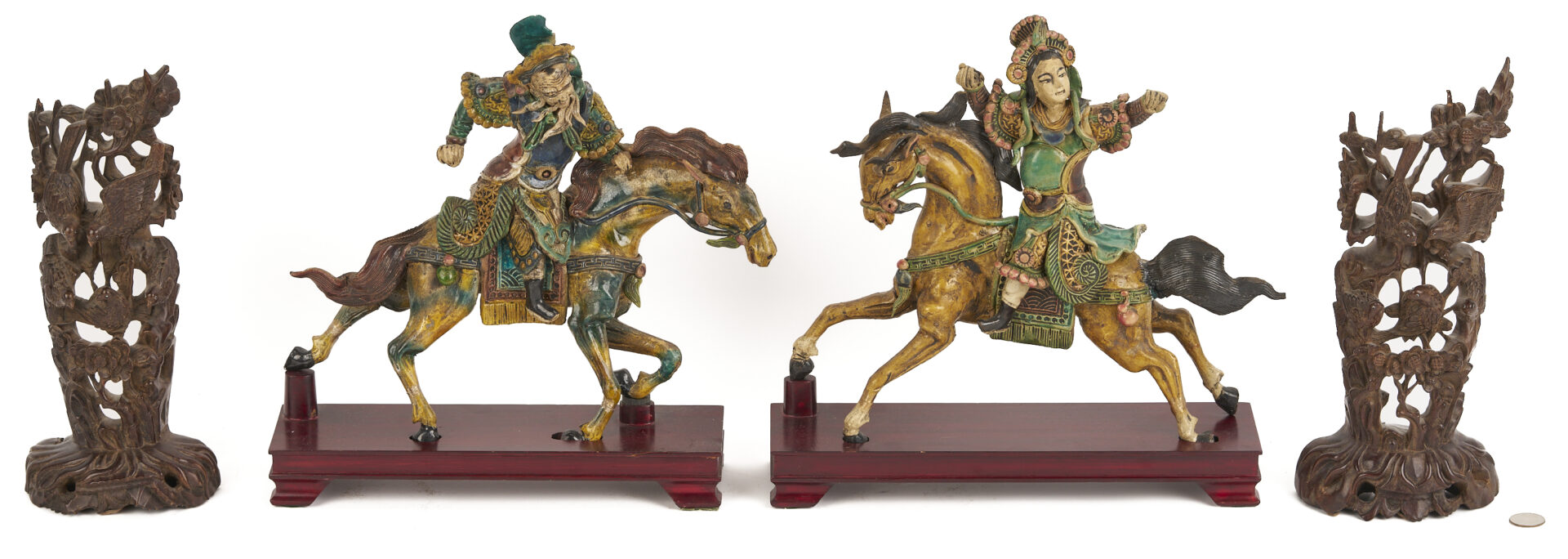 Lot 704: Pr. Chinese Roof Tile Figures & Pr. Chinese Wood Sculptures