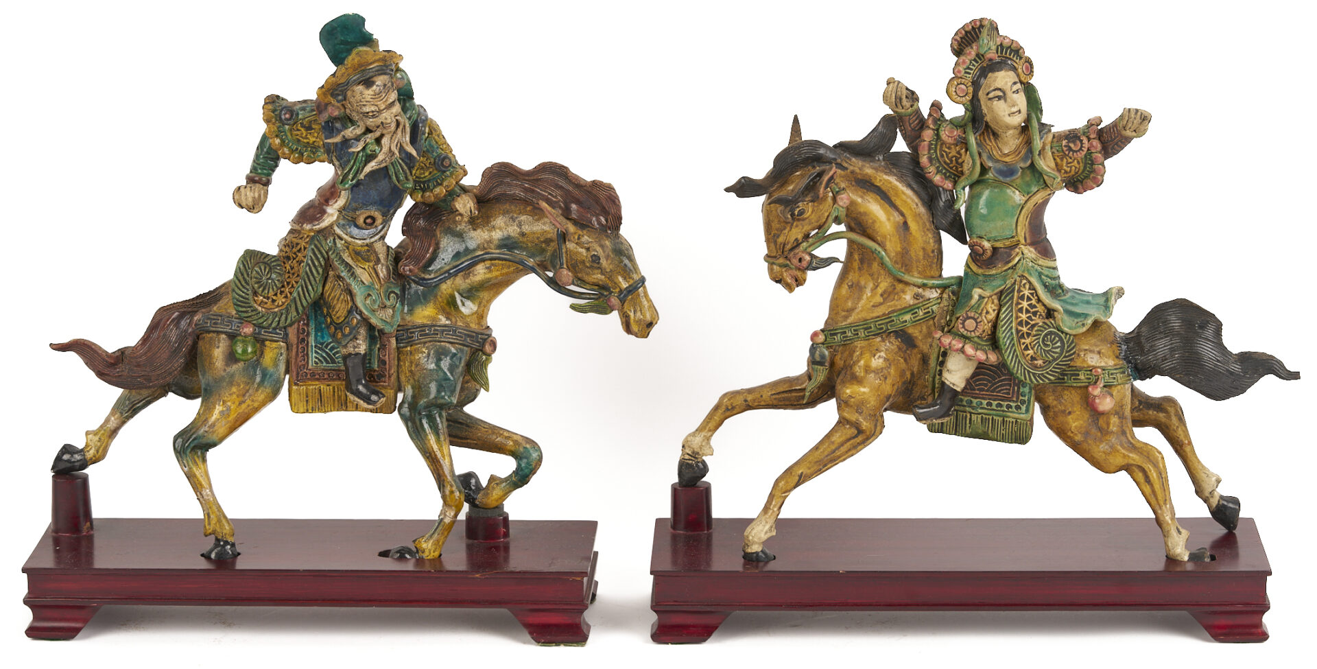 Lot 704: Pr. Chinese Roof Tile Figures & Pr. Chinese Wood Sculptures