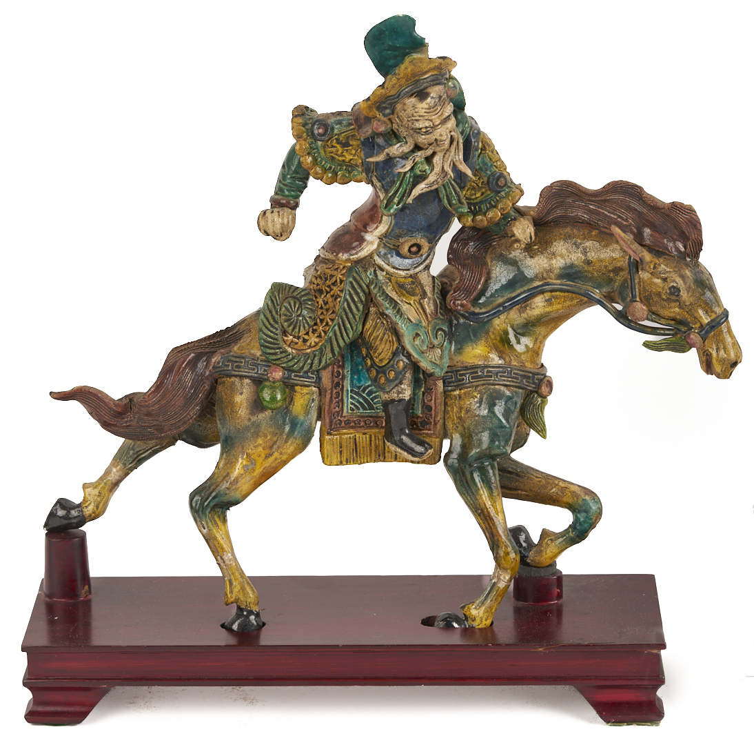 Lot 704: Pr. Chinese Roof Tile Figures & Pr. Chinese Wood Sculptures