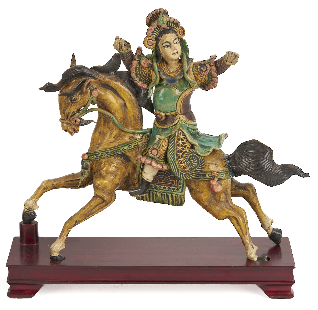 Lot 704: Pr. Chinese Roof Tile Figures & Pr. Chinese Wood Sculptures