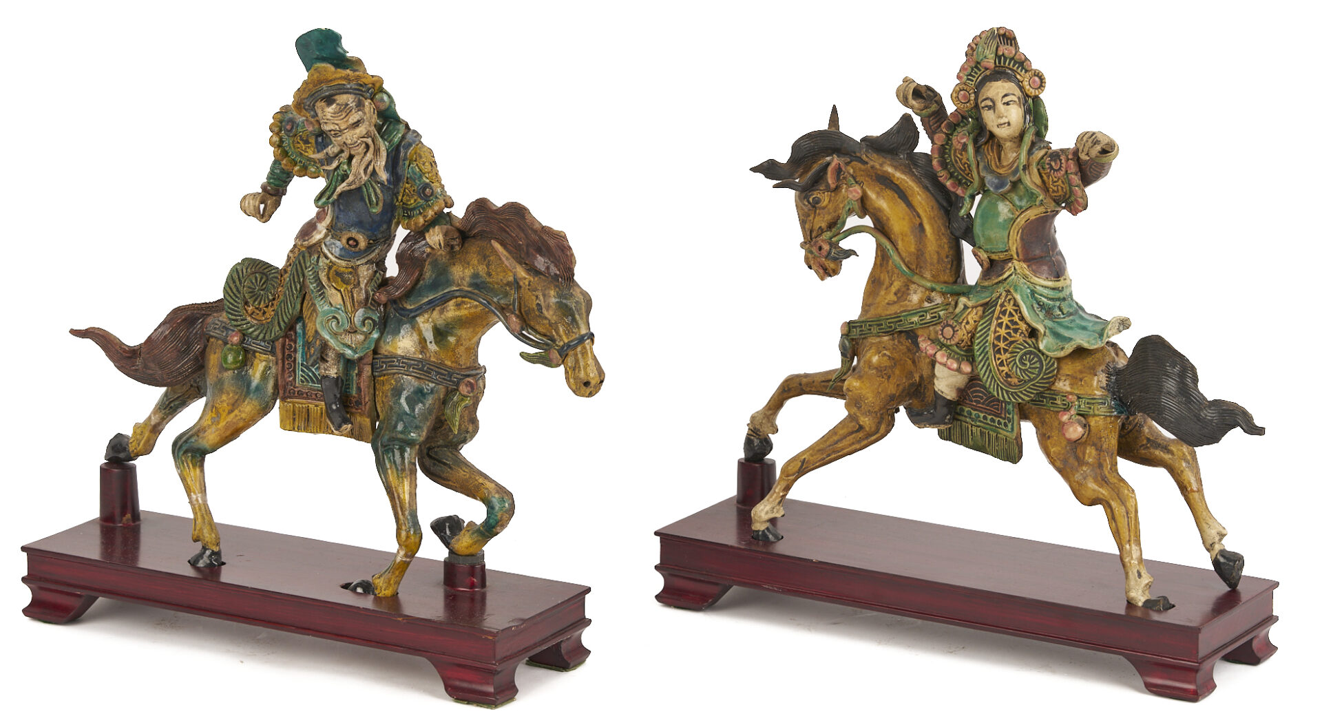 Lot 704: Pr. Chinese Roof Tile Figures & Pr. Chinese Wood Sculptures