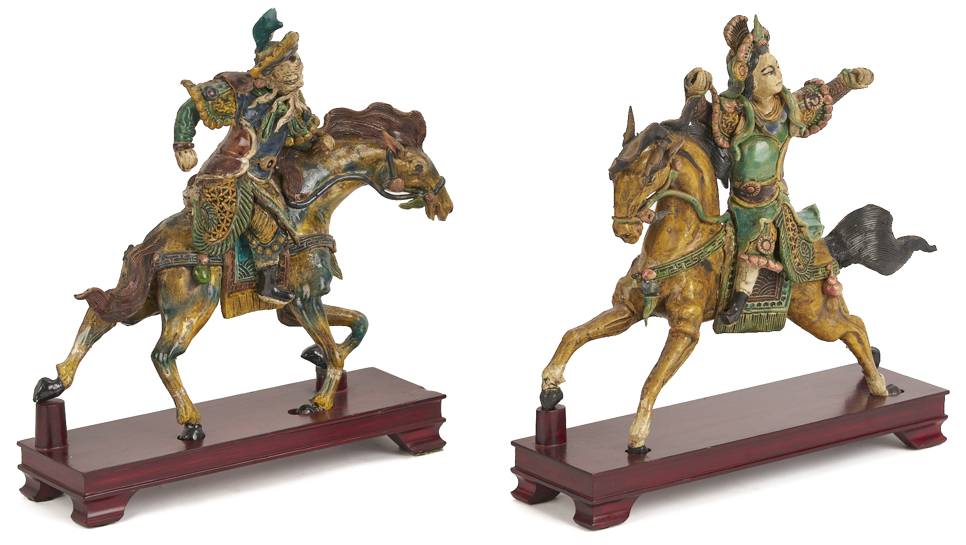 Lot 704: Pr. Chinese Roof Tile Figures & Pr. Chinese Wood Sculptures