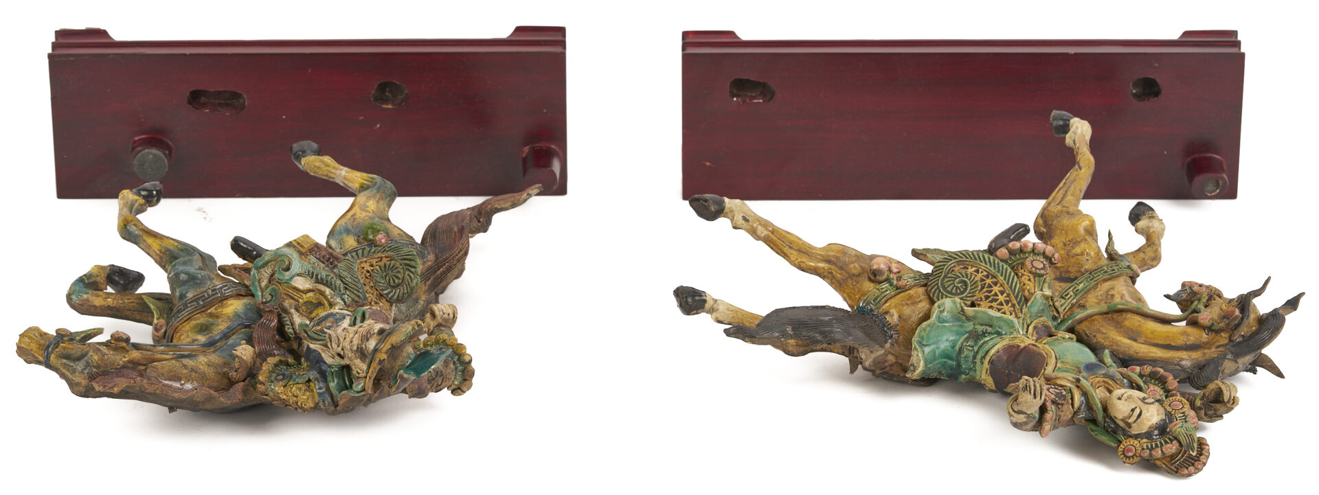 Lot 704: Pr. Chinese Roof Tile Figures & Pr. Chinese Wood Sculptures