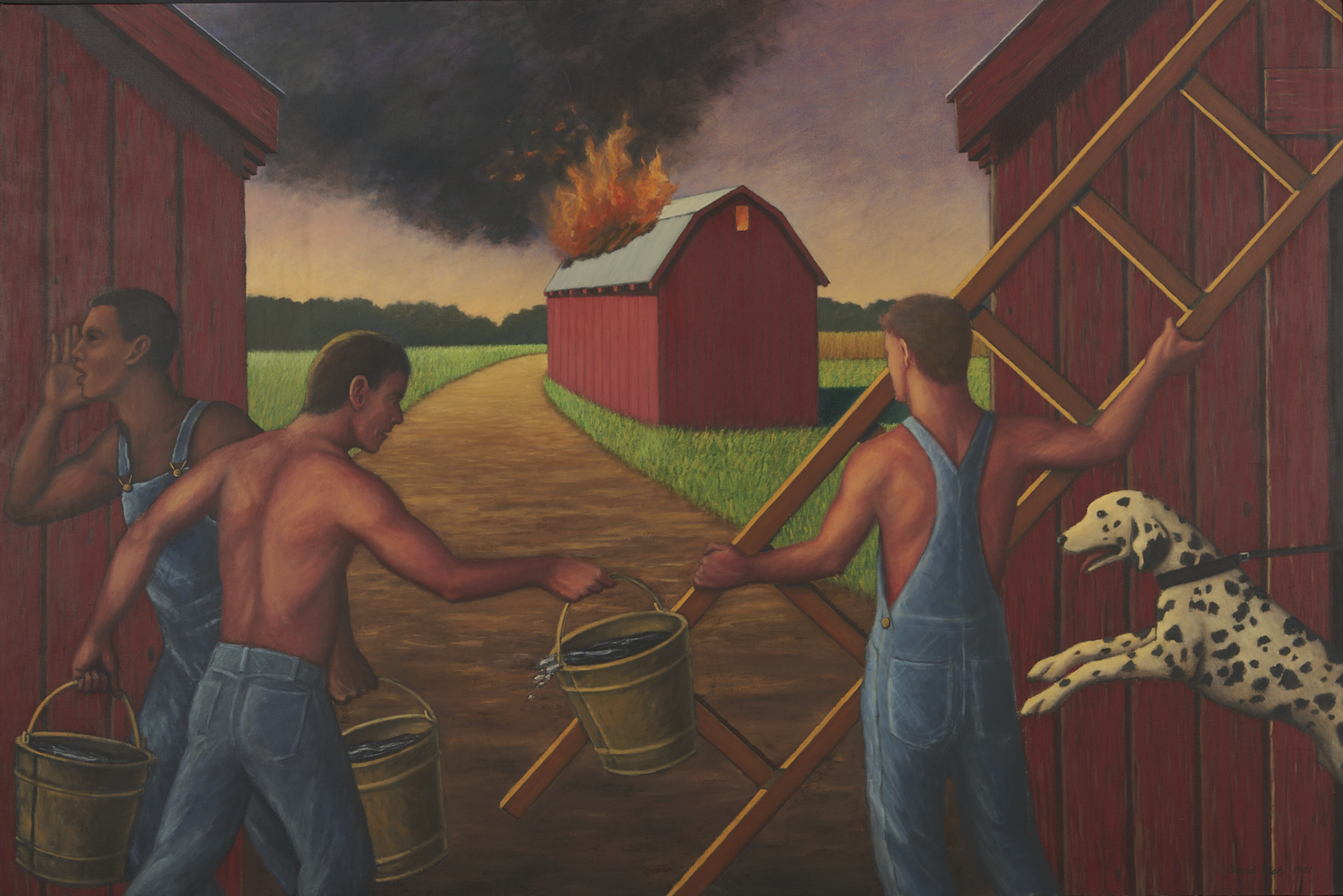 Lot 712: Large David Mah O/C Painting, Burning Barn