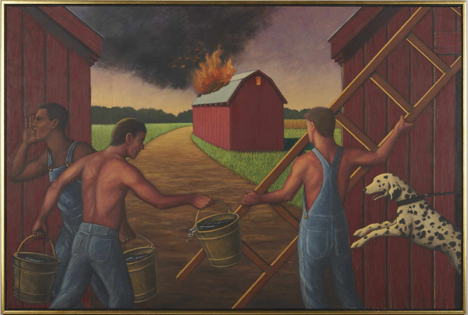 Lot 712: Large David Mah O/C Painting, Burning Barn