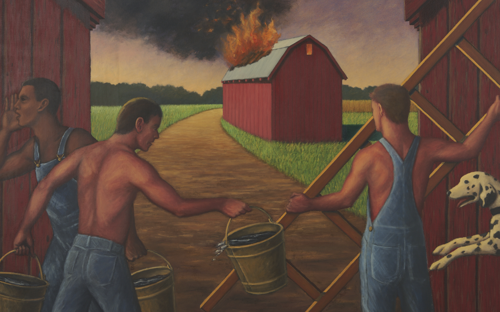Lot 712: Large David Mah O/C Painting, Burning Barn