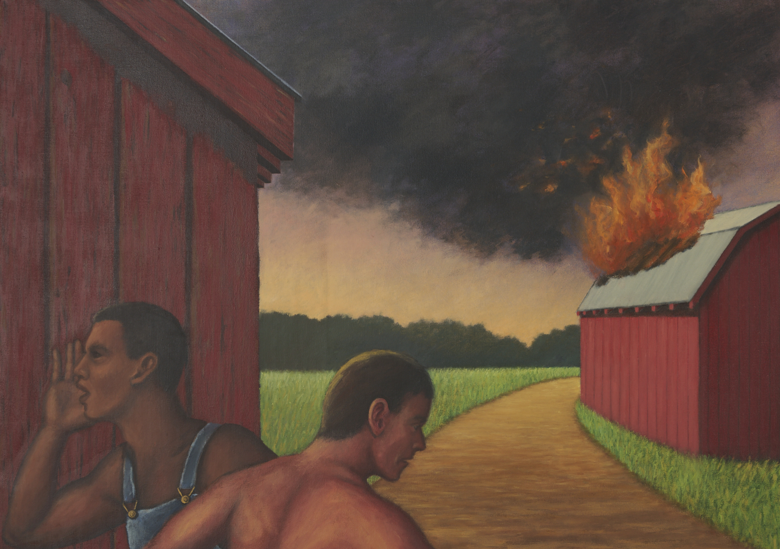 Lot 712: Large David Mah O/C Painting, Burning Barn