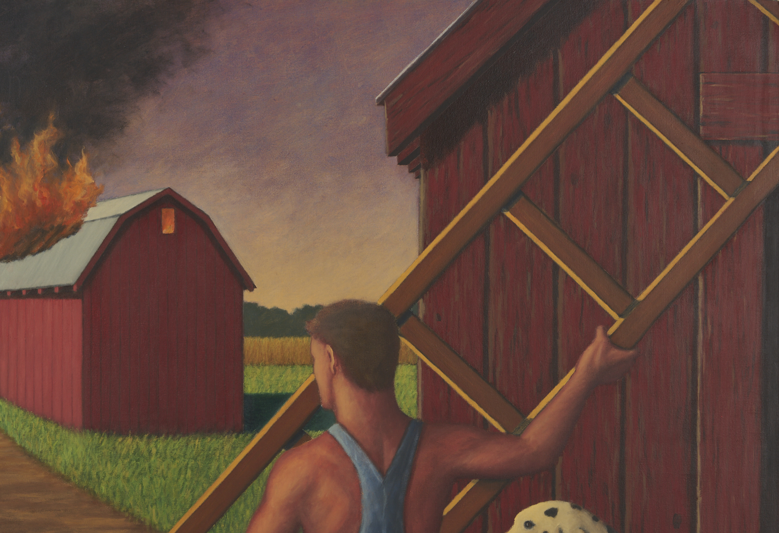 Lot 712: Large David Mah O/C Painting, Burning Barn