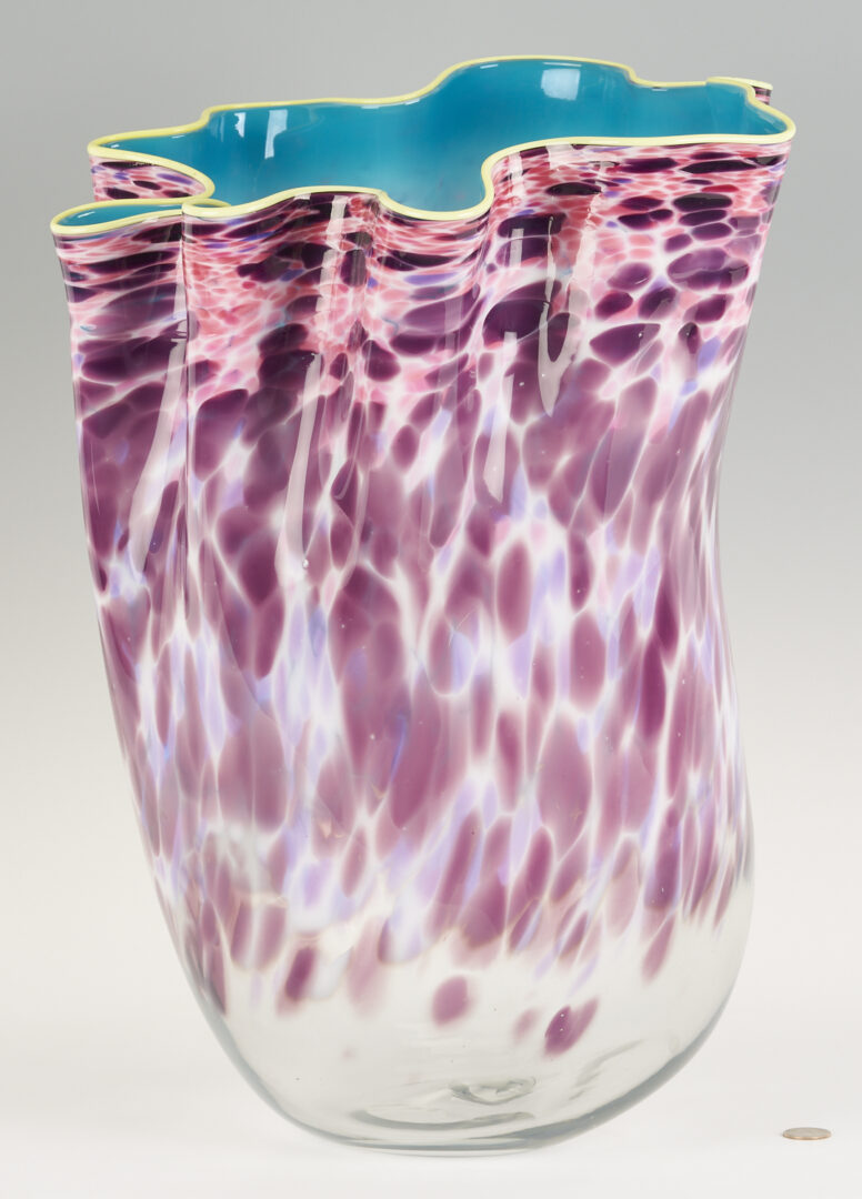 Lot 723: Dale Chihuly Macchia Art Glass Sculpture in Purple, Pink, & Aqua w/ Yellow Lip
