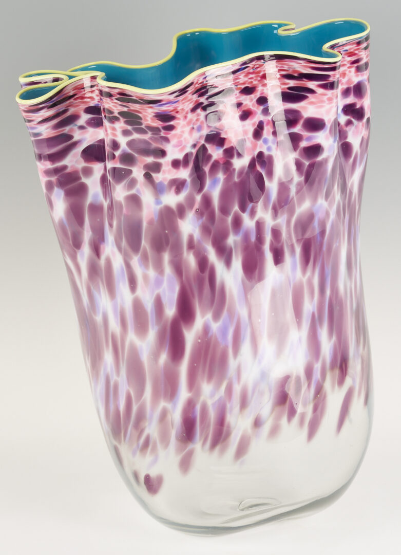 Lot 723: Dale Chihuly Macchia Art Glass Sculpture in Purple, Pink, & Aqua w/ Yellow Lip