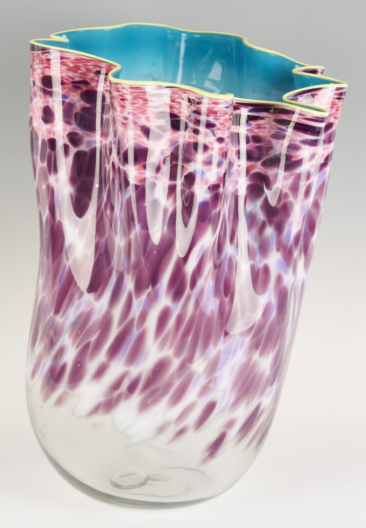 Lot 723: Dale Chihuly Macchia Art Glass Sculpture in Purple, Pink, & Aqua w/ Yellow Lip